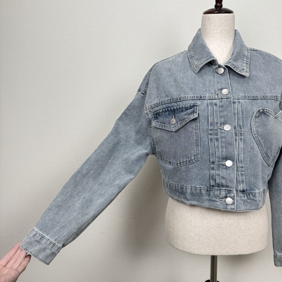 Ashley Vintage Charm Jacket Womens Small Blue Crop Heart Patch Y2K Light Denim - Picture 4 of 11
